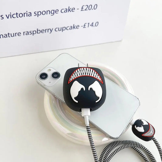 iPhone Charger Case Cover - Marvel Venom - 4 Piece Set (With Wire Protector)