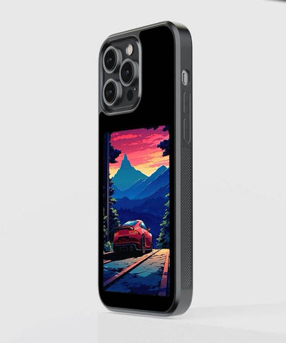 Racer Car In Mountains Glass Case