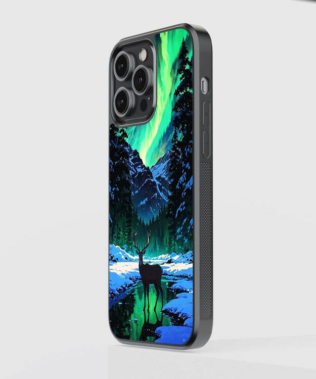 Deer At Northern Lights Glass Case