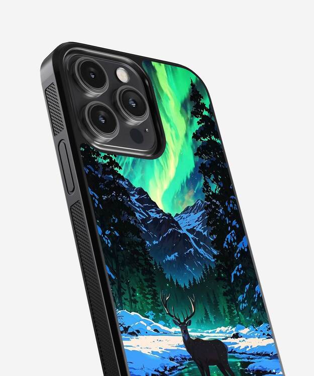 Deer At Northern Lights Glass Case