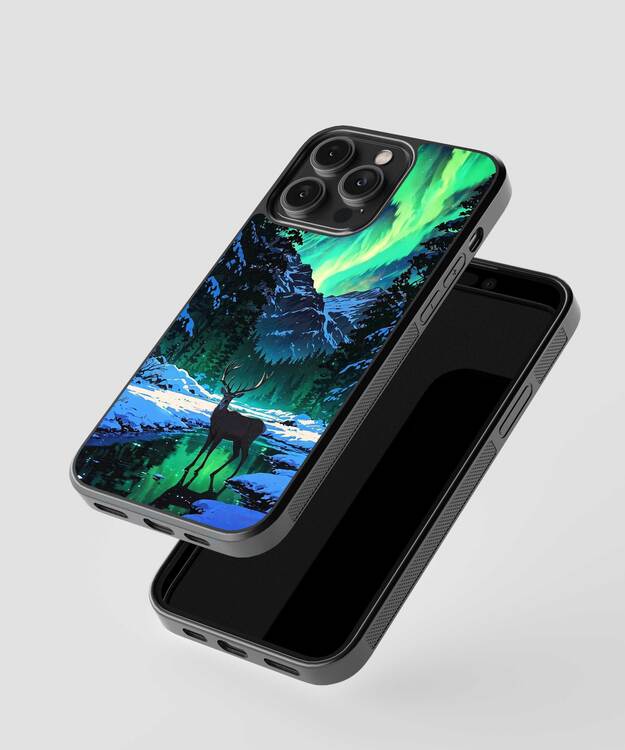 Deer At Northern Lights Glass Case