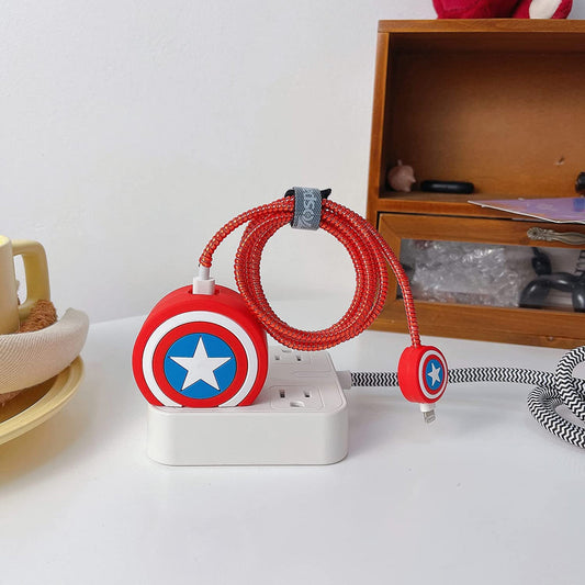 iPhone Charger Case Cover - Captain America Shield - 4 Piece Set (With Wire Protector)