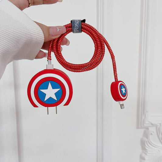 iPhone Charger Case Cover - Captain America Shield - 4 Piece Set (With Wire Protector)