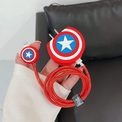 iPhone Charger Case Cover - Captain America Shield - 4 Piece Set (With Wire Protector)