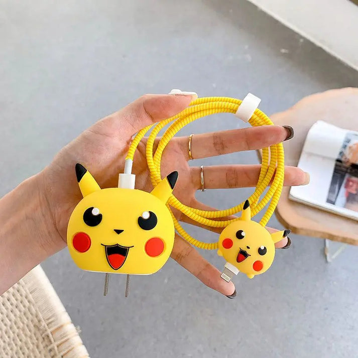 iPhone Charger Case Cover - Pikachu - 4 Piece Set (With Wire Protector)