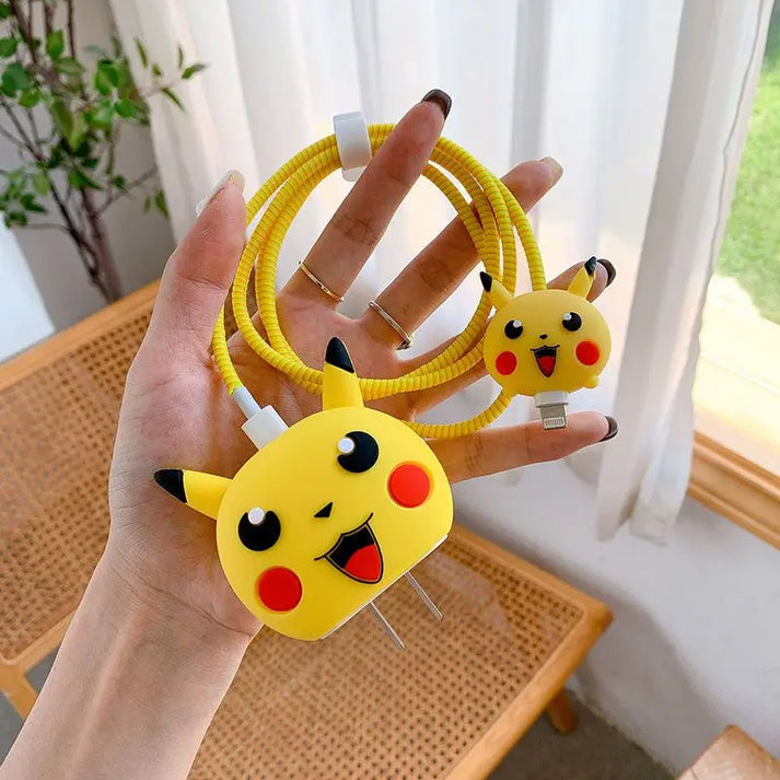 iPhone Charger Case Cover - Pikachu - 4 Piece Set (With Wire Protector)