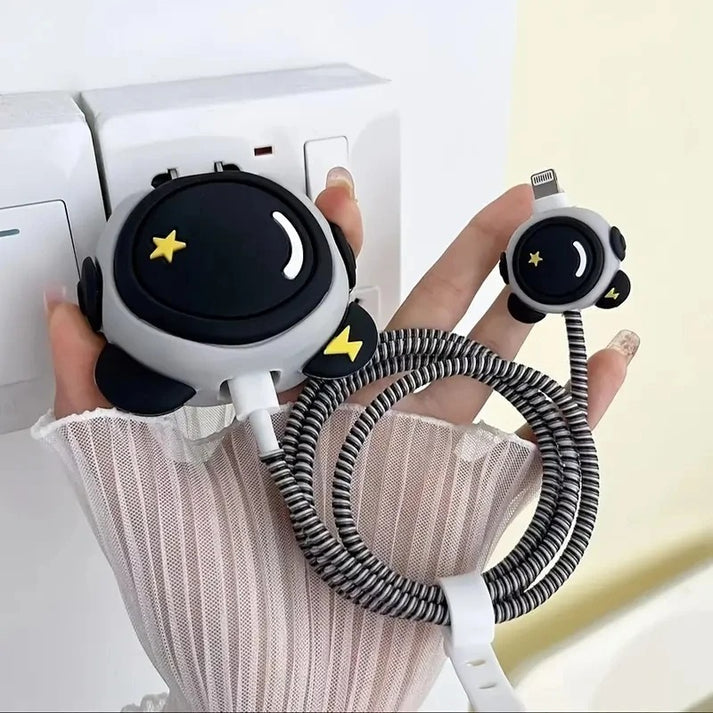 iPhone Charger Case Cover -  Cute Astronaut - 4 Piece Set (With Wire Protector)