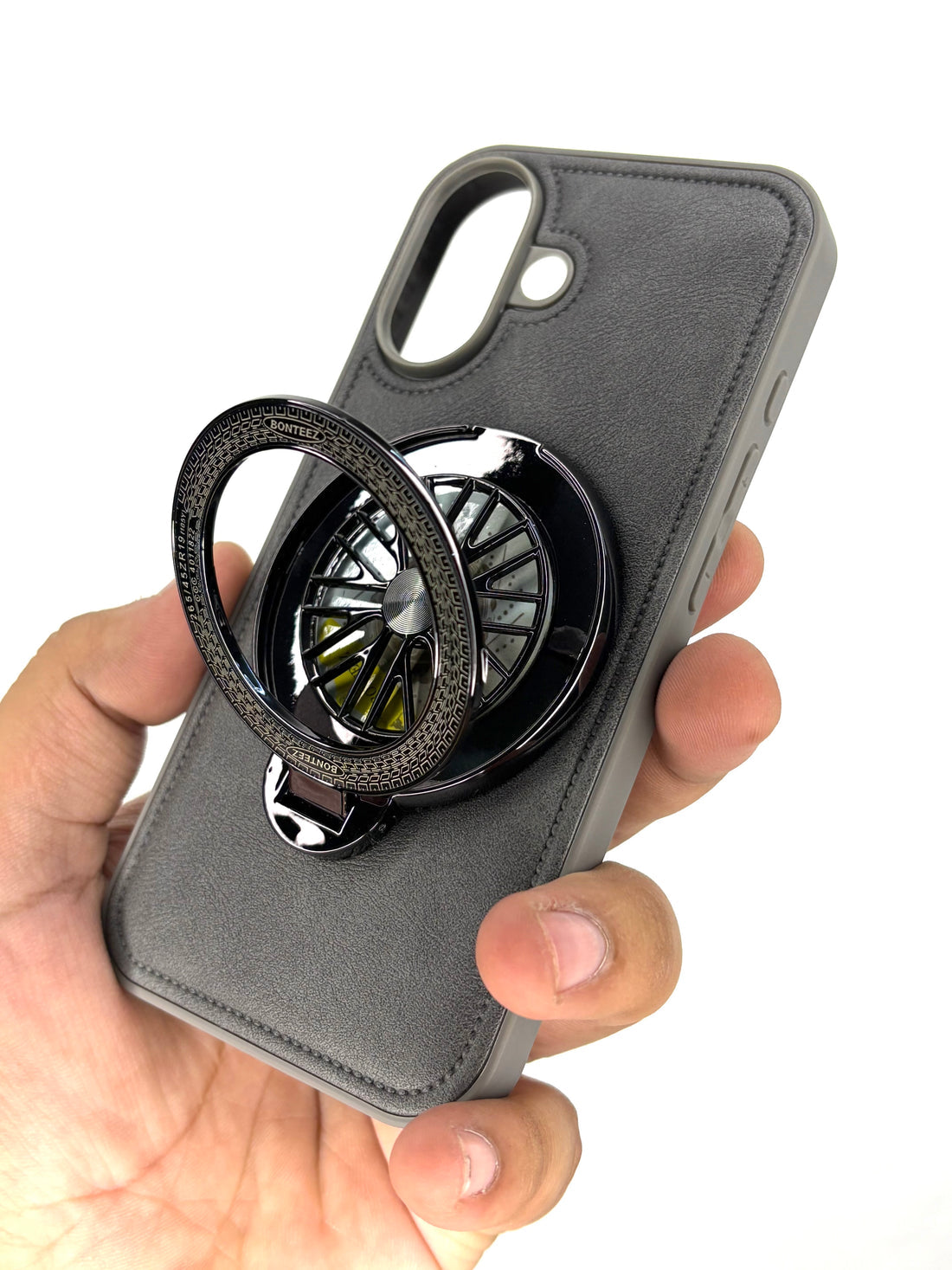 Premium Leather iPhone Case With Spinner Wheel Stand | MagSafe Compatible