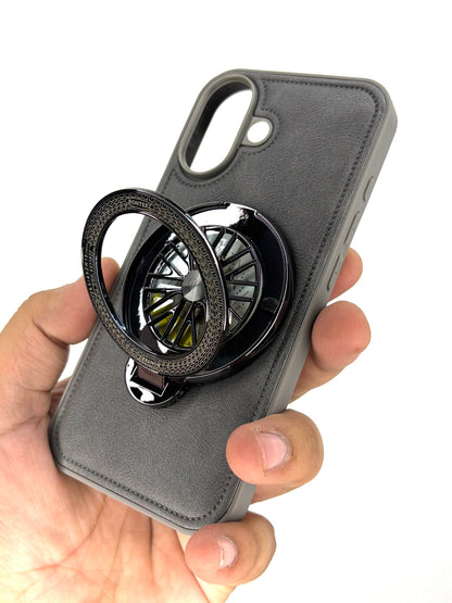 Premium Leather iPhone Case With Spinner Wheel Stand | MagSafe Compatible