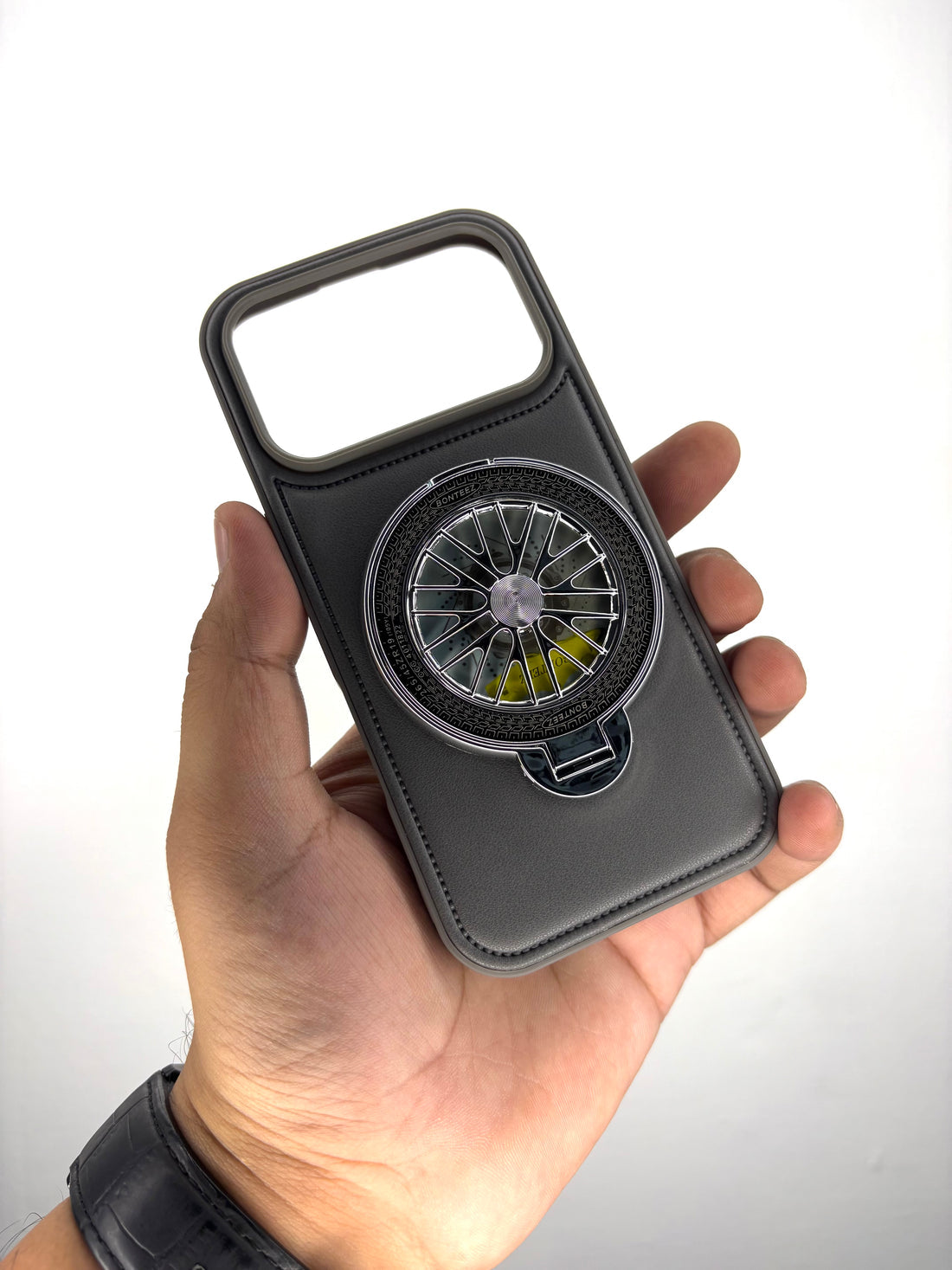 Premium Leather iPhone Case With Spinner Wheel Stand | MagSafe Compatible